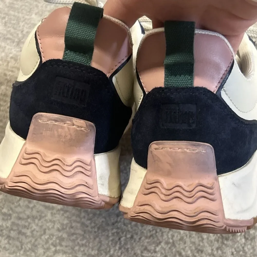 FitFlop F-Mode Shoes Womens 11 White Navy Green Leather Suede Sneakers